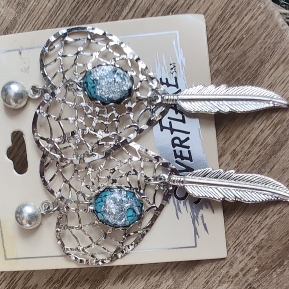 Jewelry - Spiderweb Silver Flake & Turquoise Heart Earrings